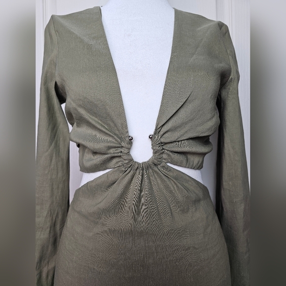 ZARA SEXY LINEN BLEND SHORT DRESS LONG SLEEVE OLIVE GREEN CUT OUT MINI XS - Picture 4 of 16